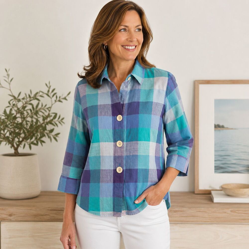 Foxcroft NYC Blue Teal Purple Plaid Cotton Button Front 3/4 Sleeve Shirt 8P